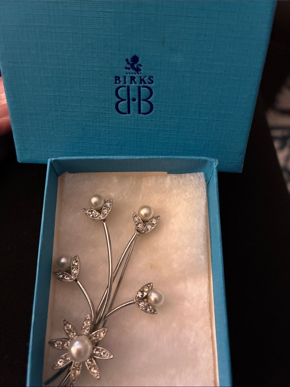 Birks Silver Pearl & Crystal Floral Brooch - White Pearls